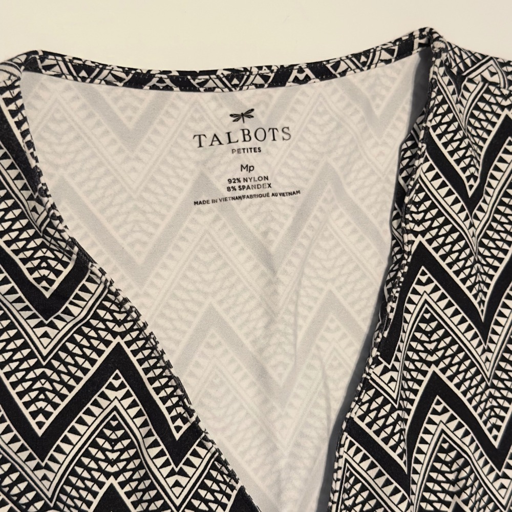 Talbots Dress Black White Chevron Faux Wrap Modern Mp Petite Geometric Zigzag - Picture 3 of 8